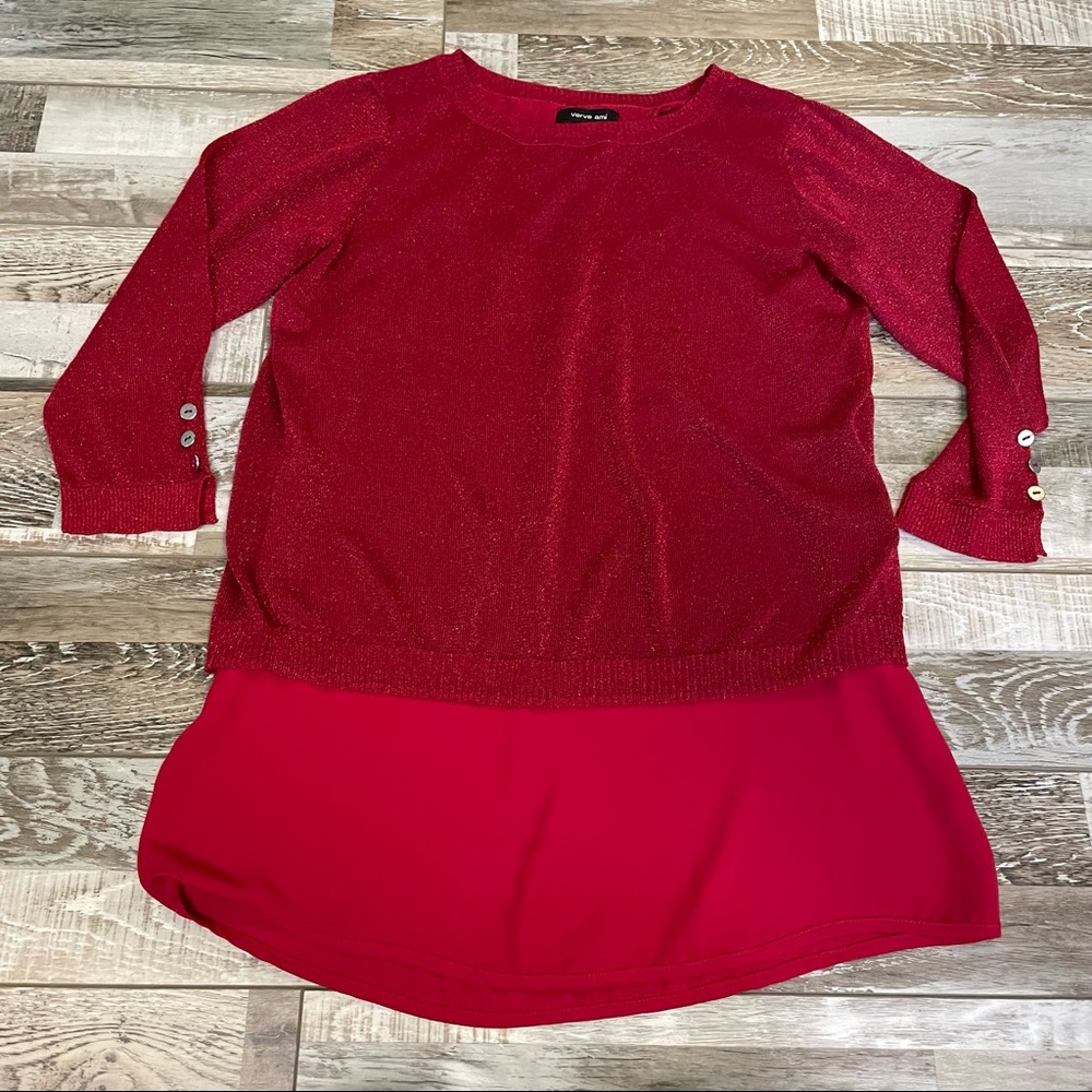 Verve Ami Women’s Red Chiffon Hem Pullover 3/4 Sleeve Sweater Sz Small